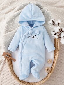 Newborn Long Sleeve Footed Romper, Double-Sided Flannel, White, Cute Otter Embroidery, Home Wear, Family Matching Autumn All-Match - Baby Blue - View 1