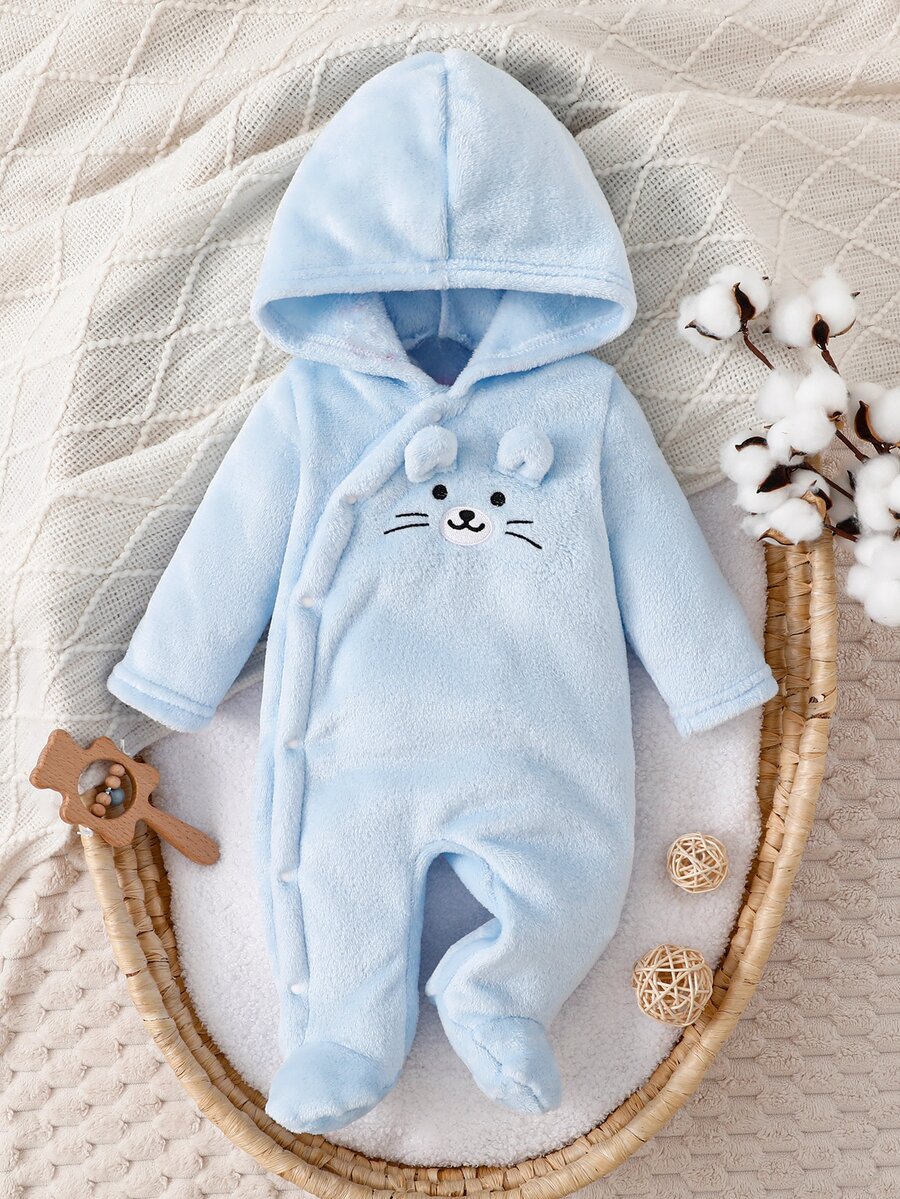 Newborn Long Sleeve Footed Romper, Double-Sided Flannel, White, Cute Otter Embroidery, Home Wear, Family Matching Autumn All-Match - Baby Blue - View 1