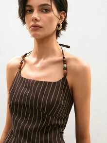 ATUI Studio 女款棕色條紋 D 字珠飾掛脖背心上衣，休閒度假外穿棉製夏季吊帶上衣，波希米亞復古 70s 90s 風格 - 巧克力棕 - 查看 3