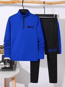 SHEIN 兒童青少年男孩休閒運動立領半拉鍊皇家藍長袖黑色2合1防走光長褲舒適運動服，適合通勤、上學、日常休閒外出、運動，適合春夏秋冬 - 寶藍色 - 查看 4