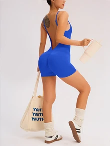 Slayform Slayform Solid Color Backless Camisole Sports Romper Gym Clothes Women Set One Piece Workout Compression Fit Suit - Royal Blue - View 6