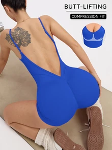 Slayform Slayform Solid Color Backless Camisole Sports Romper Gym Clothes Women Set One Piece Workout Compression Fit Suit - Royal Blue - View 5