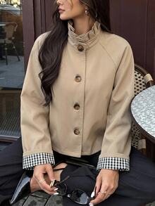 Brillora 女款四季休閒優雅短款風衣外套，適合購物、通勤、教師節辦公，黑白配色，秋季 - 駝色 - 查看 2
