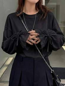 FRIFUL 女士时尚百搭圆领抽绳荷叶边下摆T恤 - 黑色 - 查看 6