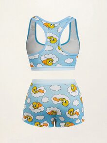 LOONEY TUNES X SHEIN Women's Cute Cartoon Print Cropped Tank Top And Shorts Lingerie Set - Blue - View 2