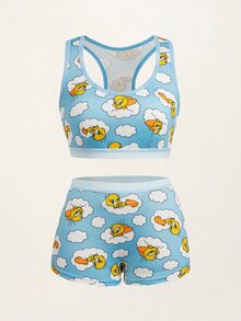 LOONEY TUNES X SHEIN Women's Cute Cartoon Print Cropped Tank Top And Shorts Lingerie Set - Blue - View 1