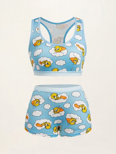 LOONEY TUNES X SHEIN Women's Cute Cartoon Print Cropped Tank Top And Shorts Lingerie Set