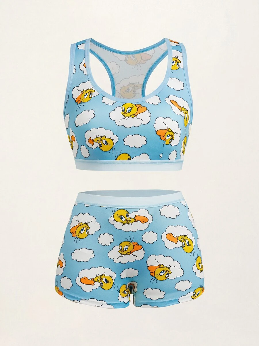 LOONEY TUNES X SHEIN Women's Cute Cartoon Print Cropped Tank Top And Shorts Lingerie Set - Blue - View 1