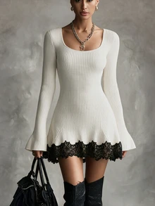 SHEIN Square Neck Flare Sleeve Ribbed Knit Mini Dress With Black And White Lace Hem Dinner Date Date Night Autumn Romantic Elegant - Black and White - View 8