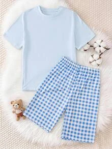 SHEIN Teen Boy Solid Color Crew Neck Short Sleeve Top And Plaid Print Skinny Shorts Pajama Set - Baby Blue - View 2