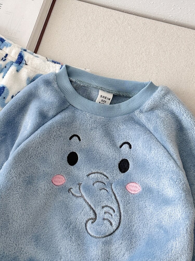 SHEIN Kids Baby Boy Cartoon Animal Pattern Faux Fur Thick Crew Neck Long Sleeve Pullover Sweatshirt And Elastic Waist Long Pants 2 Pieces Set, Comfortable Skin-Friendly Versatile Fashion Simple All-Match Style, Suitable For Indoor, Outdoor, Daily, Sports, Play, Party, Photography, Holiday, Christmas, Baby Boy Outfit - Multicolor - View 3