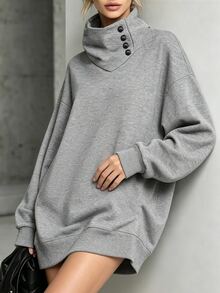 Glimmora Design-Driven Asymmetric Button High Neck Sweatshirt Dress, Loose Drop Shoulder Mid-Length Hip-Covering Long Sleeve Casual Top, Solid Color Asymmetrical Diagonal Button High Neck Sweatshirt, Oversized Mid-Length Ribbed Hem Women's Sweatshirt Dress, European And American Style Ruched Asymmetric Button Sweatshirt, Plus Size Loose Drop Shoulder Mid-Length Hip-Covering Casual Top - Grey - View 4