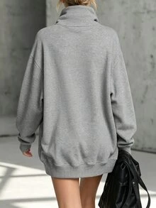 Glimmora Design-Driven Asymmetric Button High Neck Sweatshirt Dress, Loose Drop Shoulder Mid-Length Hip-Covering Long Sleeve Casual Top, Solid Color Asymmetrical Diagonal Button High Neck Sweatshirt, Oversized Mid-Length Ribbed Hem Women's Sweatshirt Dress, European And American Style Ruched Asymmetric Button Sweatshirt, Plus Size Loose Drop Shoulder Mid-Length Hip-Covering Casual Top - Grey - View 2