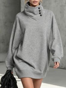Glimmora Design-Driven Asymmetric Button High Neck Sweatshirt Dress, Loose Drop Shoulder Mid-Length Hip-Covering Long Sleeve Casual Top, Solid Color Asymmetrical Diagonal Button High Neck Sweatshirt, Oversized Mid-Length Ribbed Hem Women's Sweatshirt Dress, European And American Style Ruched Asymmetric Button Sweatshirt, Plus Size Loose Drop Shoulder Mid-Length Hip-Covering Casual Top - Grey - View 1
