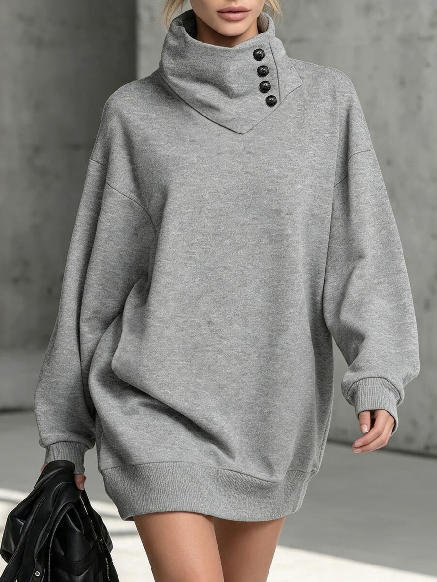 Glimmora Design-Driven Asymmetric Button High Neck Sweatshirt Dress, Loose Drop Shoulder Mid-Length Hip-Covering Long Sleeve Casual Top, Solid Color Asymmetrical Diagonal Button High Neck Sweatshirt, Oversized Mid-Length Ribbed Hem Women's Sweatshirt Dress, European And American Style Ruched Asymmetric Button Sweatshirt, Plus Size Loose Drop Shoulder Mid-Length Hip-Covering Casual Top - Grey - View 1
