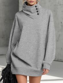 Glimmora Design-Driven Asymmetric Button High Neck Sweatshirt Dress, Loose Drop Shoulder Mid-Length Hip-Covering Long Sleeve Casual Top, Solid Color Asymmetrical Diagonal Button High Neck Sweatshirt, Oversized Mid-Length Ribbed Hem Women's Sweatshirt Dress, European And American Style Ruched Asymmetric Button Sweatshirt, Plus Size Loose Drop Shoulder Mid-Length Hip-Covering Casual Top - Grey - View 3