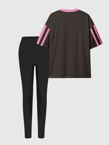 SHEIN 女士休闲时尚创意数字 23 和标语图形印花短袖上衣和紧身裤两件套 女士 Y2k 两件套 两件套休闲套装 女士两件套服装套装 - 彩色 - 查看 2