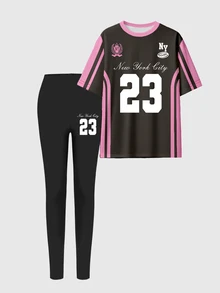 SHEIN 女士休闲时尚创意数字 23 和标语图形印花短袖上衣和紧身裤两件套 女士 Y2k 两件套 两件套休闲套装 女士两件套服装套装 - 彩色 - 查看 3