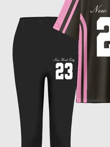 SHEIN 女士休闲时尚创意数字 23 和标语图形印花短袖上衣和紧身裤两件套 女士 Y2k 两件套 两件套休闲套装 女士两件套服装套装 - 彩色 - 查看 5