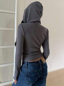 SHEIN EZwear 復古街頭休閒風連帽拉鍊修身夾克，秋季新品返校日常通勤日穿淺灰色 - 深灰色 - 查看 2