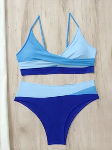 SHEIN Swim Summer Beach Color Block Twist Front Bikini Set - Multicolor - View 4