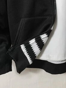 SHEIN 青少年男孩簡約黑白紋理條紋可正反穿著衛衣，休閒街頭學院風，舒適時尚，適合上學與秋季 - 黑與白 - 查看 6