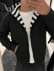 SHEIN 青少年男孩簡約黑白紋理條紋可正反穿著衛衣，休閒街頭學院風，舒適時尚，適合上學與秋季 - 黑與白 - 查看 7