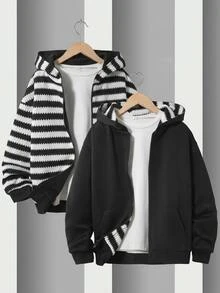 SHEIN 青少年男孩簡約黑白紋理條紋可正反穿著衛衣，休閒街頭學院風，舒適時尚，適合上學與秋季 - 黑與白 - 查看 2