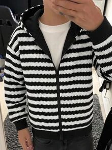 SHEIN 青少年男孩簡約黑白紋理條紋可正反穿著衛衣，休閒街頭學院風，舒適時尚，適合上學與秋季 - 黑與白 - 查看 9
