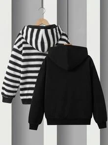 SHEIN 青少年男孩簡約黑白紋理條紋可正反穿著衛衣，休閒街頭學院風，舒適時尚，適合上學與秋季 - 黑與白 - 查看 3