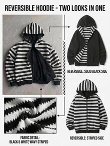 SHEIN 青少年男孩簡約黑白紋理條紋可正反穿著衛衣，休閒街頭學院風，舒適時尚，適合上學與秋季 - 黑與白 - 查看 4