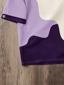 Daypath Plus Size Men's Colorblock Graphic Print Loose Fit Round Neck T-Shirt - Purple - View 4