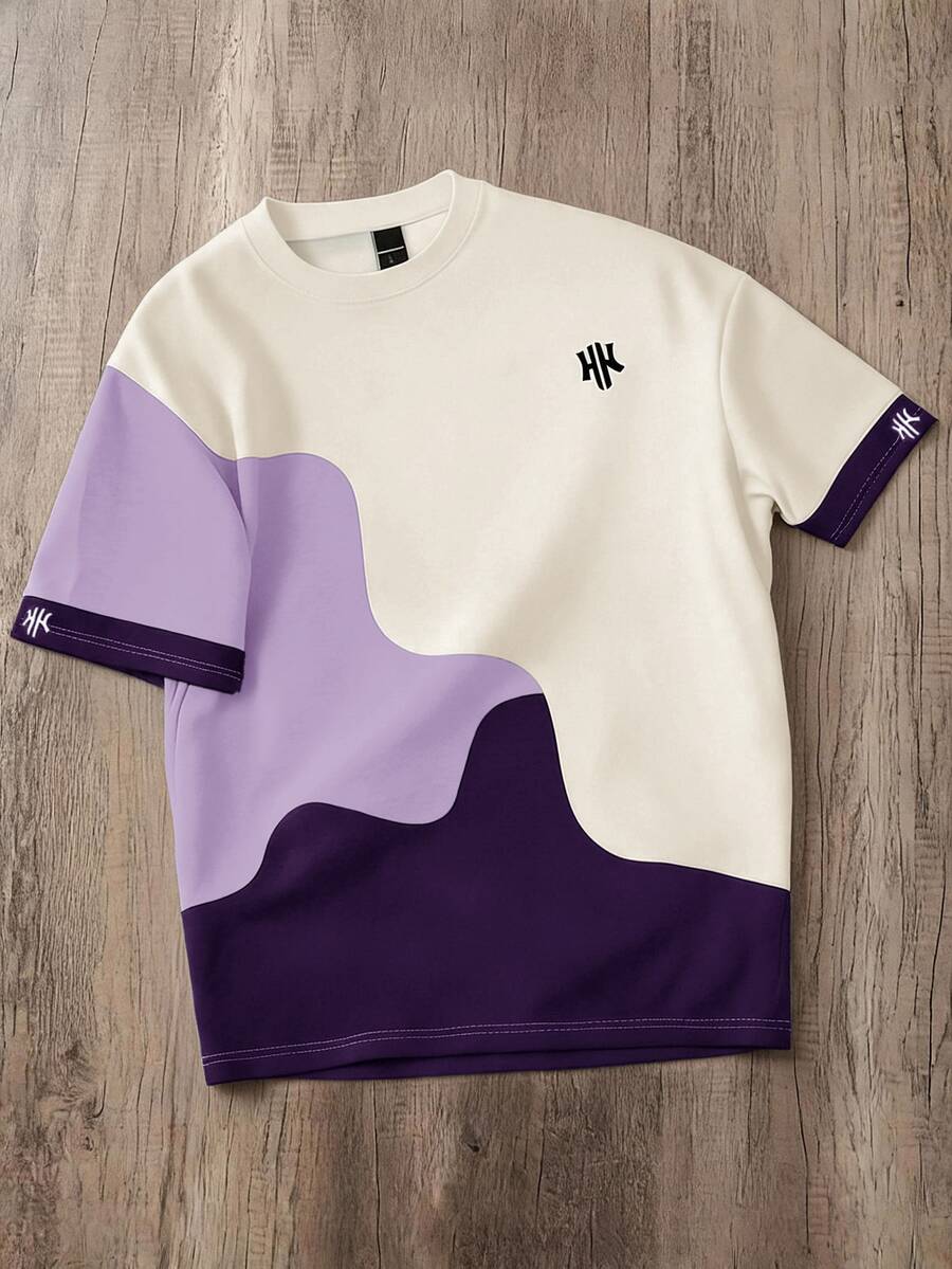Daypath Plus Size Men's Colorblock Graphic Print Loose Fit Round Neck T-Shirt - Purple - View 1