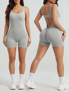 Slayform Slayform Women's Solid Color Casual Sporty Athleisure Everyday Activewear Romper Gym Workout Light Grey Summer - Apricot - View 1