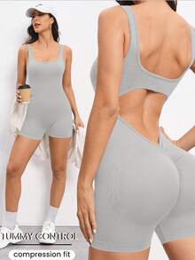 Slayform Slayform Women's Solid Color Casual Sporty Athleisure Everyday Activewear Romper Gym Workout Light Grey Summer - Apricot - View 3