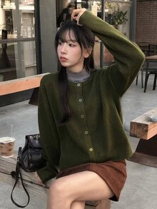 DAZY Solid Color Loose Long Sleeve Casual Vacation Korean Style Daily Autumn/Winter Knit Cardigan For Women - Green - View 5