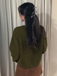 DAZY Solid Color Loose Long Sleeve Casual Vacation Korean Style Daily Autumn/Winter Knit Cardigan For Women - Green - View 2