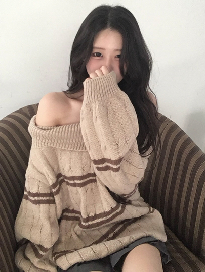 DAZY Contrast Striped Loose Long Sleeve Off-The-Shoulder Pullover Knit Sweater Casual Vacation Korean Style Girl Autumn/Winter Women's Sweater