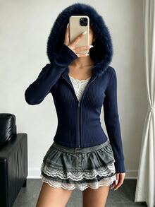 SHEIN Sparklyn 1pc Tween Girl Tween Girl' Hooded Slim Fit Zip-Up Hoodie With Ribbed Trim, Fall Clothes, Suitable For Daily Casual Wear In Spring, Autumn And Winter - Navy Blue - View 3