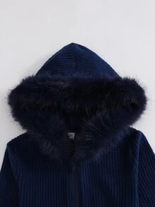 SHEIN Sparklyn 1pc Tween Girl Tween Girl' Hooded Slim Fit Zip-Up Hoodie With Ribbed Trim, Fall Clothes, Suitable For Daily Casual Wear In Spring, Autumn And Winter - Navy Blue - View 4