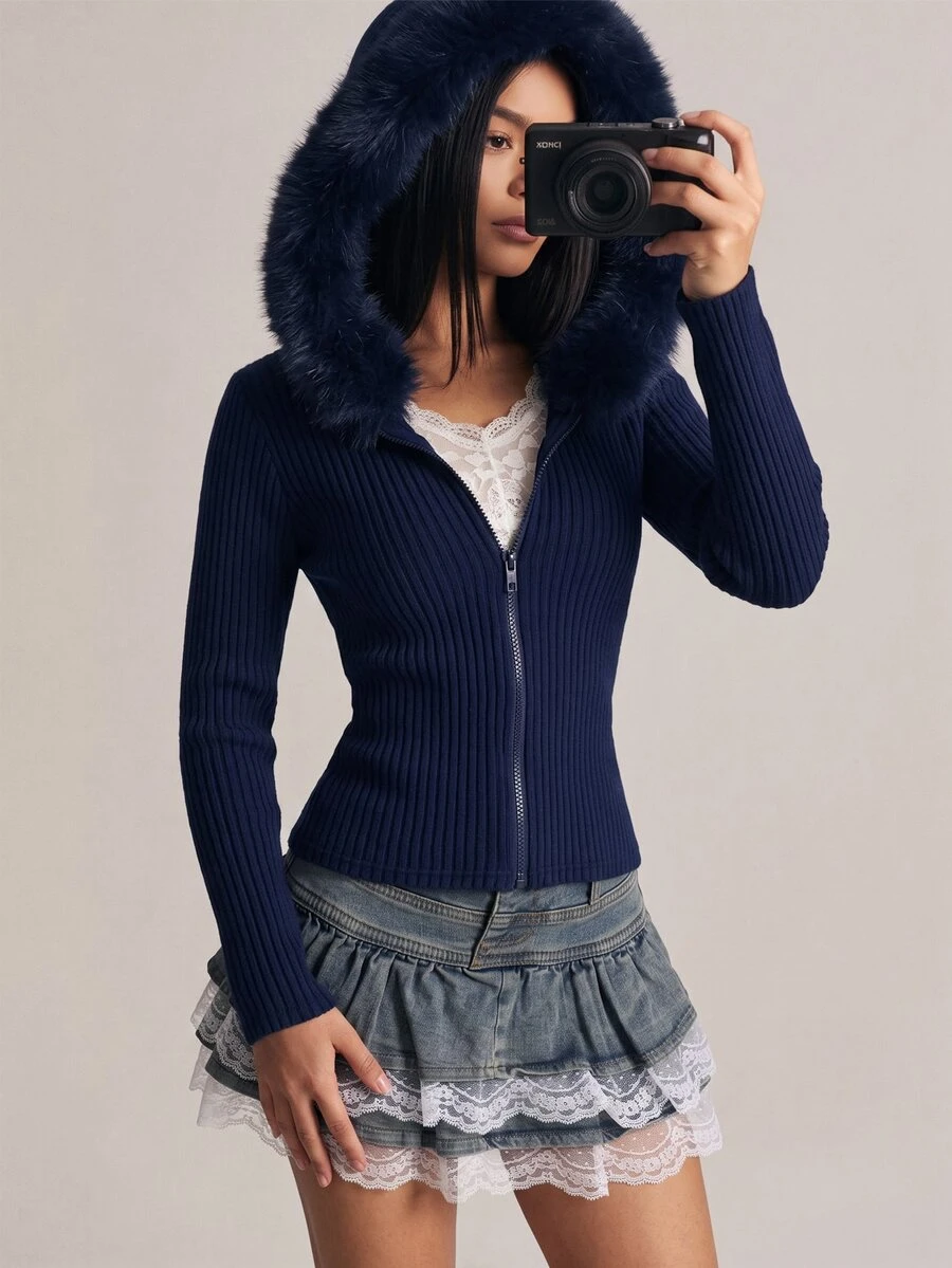 SHEIN Sparklyn 1pc Tween Girl Tween Girl' Hooded Slim Fit Zip-Up Hoodie With Ribbed Trim, Fall Clothes, Suitable For Daily Casual Wear In Spring, Autumn And Winter - Navy Blue - View 1