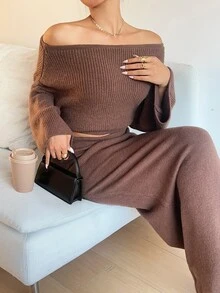Flirla 1套性感百搭露肩长袖上衣和裙子针织套装 - 咖啡棕 - 查看 5