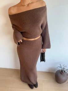 Flirla 1套性感百搭露肩长袖上衣和裙子针织套装 - 咖啡棕 - 查看 8