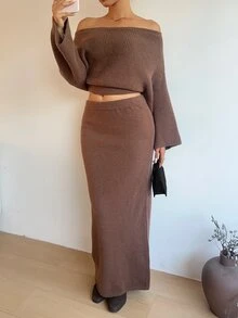 Flirla 1套性感百搭露肩长袖上衣和裙子针织套装 - 咖啡棕 - 查看 7