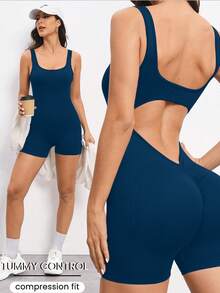 Slayform Slayform Solid Color Backless Scoop Neck Sleeveless Jumpsuit Gym Navy Blue Summer Athleisure - Teal Blue - View 3