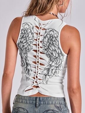 Sommer Ganzjahres Lässig Street Retro Y2K Punk Stil Flügel Muster Cut-Out Schnürung figurbetontes Tanktop