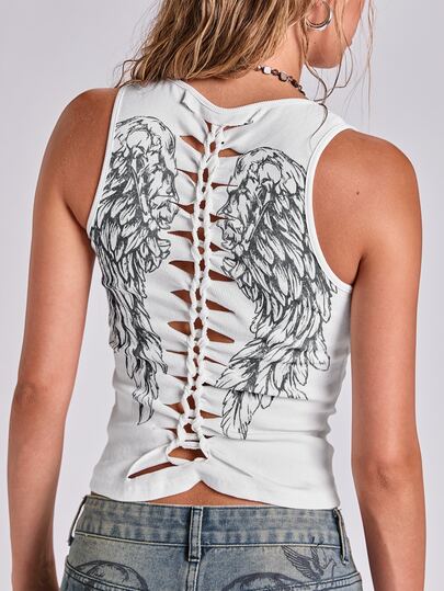 Sommer Ganzjahres Lässig Street Retro Y2K Punk Stil Flügel Muster Cut-Out Schnürung figurbetontes Tanktop