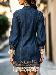 Balvessa Vintage Elegant Embroidered Lace Patchwork Half-Zip Long Sleeve Denim Mini Dress Brunch Blue And Gold Autumn Party - Blue - View 2