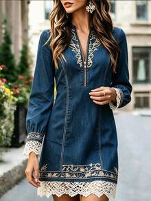 Balvessa Vintage Elegant Embroidered Lace Patchwork Half-Zip Long Sleeve Denim Mini Dress Brunch Blue And Gold Autumn Party - Blue - View 5