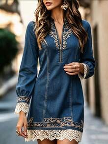 Balvessa Vintage Elegant Embroidered Lace Patchwork Half-Zip Long Sleeve Denim Mini Dress Brunch Blue And Gold Autumn Party - Blue - View 1